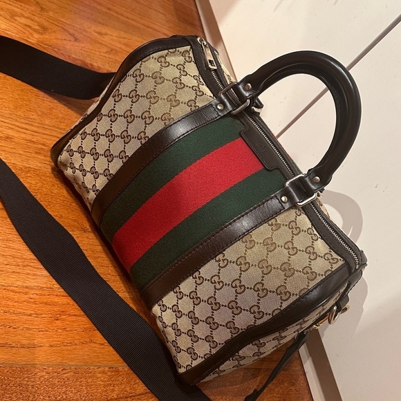 Gucci Beige and Brown Monogram Satchel with Green and Red Stripe
No straps/ - Picture 2 of 6